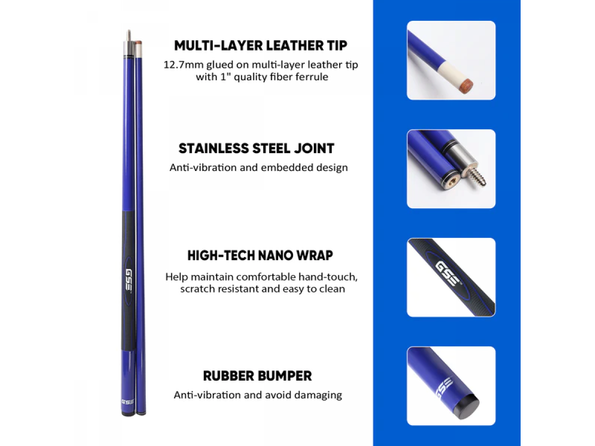 Taco de Billar compuesto de Grafito y Fibra de Vidrio de 58" y 2 Piezas para uso Comercial, Bar y Casa - Azul Pulido (18 oz - 21 oz disponible)