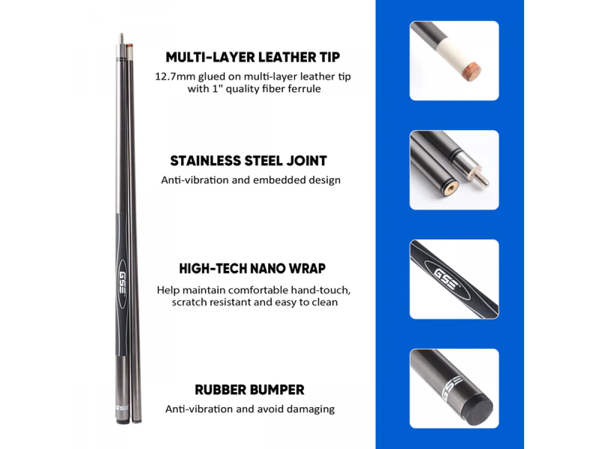 Taco de Billar compuesto de Grafito y Fibra de Vidrio de 58" y 2 Piezas para uso Comercial, Bar y Casa - Gris Pulido (18 oz-21 oz disponible)