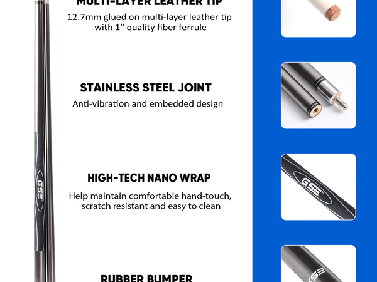 Taco de Billar compuesto de Grafito y Fibra de Vidrio de 58" y 2 Piezas para uso Comercial, Bar y Casa - Gris Pulido (18 oz-21 oz disponible)