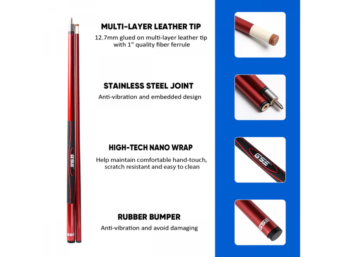 Taco de Billar compuesto de Grafito y Fibra de Vidrio de 58" y 2 Piezas para uso Comercial, Bar y Casa - Rojo Pulido (18 oz-21 oz disponible)