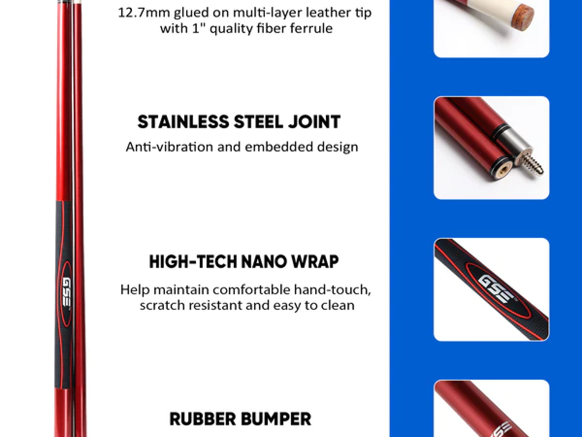 Taco de Billar compuesto de Grafito y Fibra de Vidrio de 58" y 2 Piezas para uso Comercial, Bar y Casa - Rojo Pulido (18 oz-21 oz disponible)