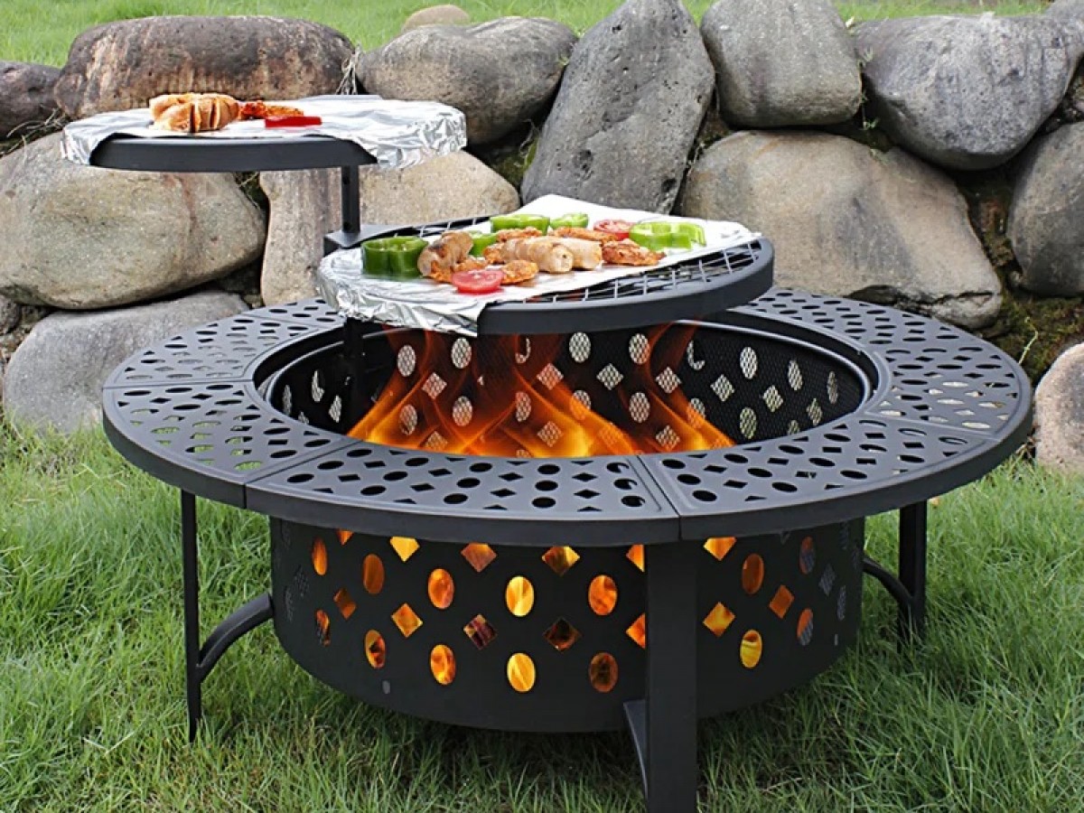 Fogon Redondo con Tapa para fogata, Mesa y Asador para Leña al Aire Libre