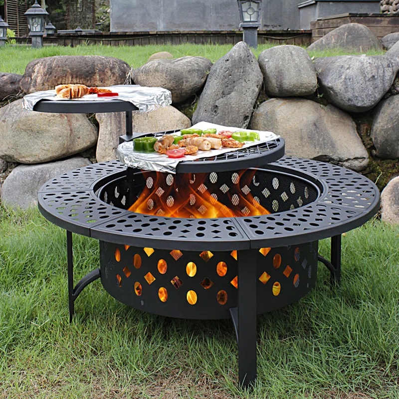 Fogon Redondo con Tapa para fogata, Mesa y Asador para Leña al Aire Libre