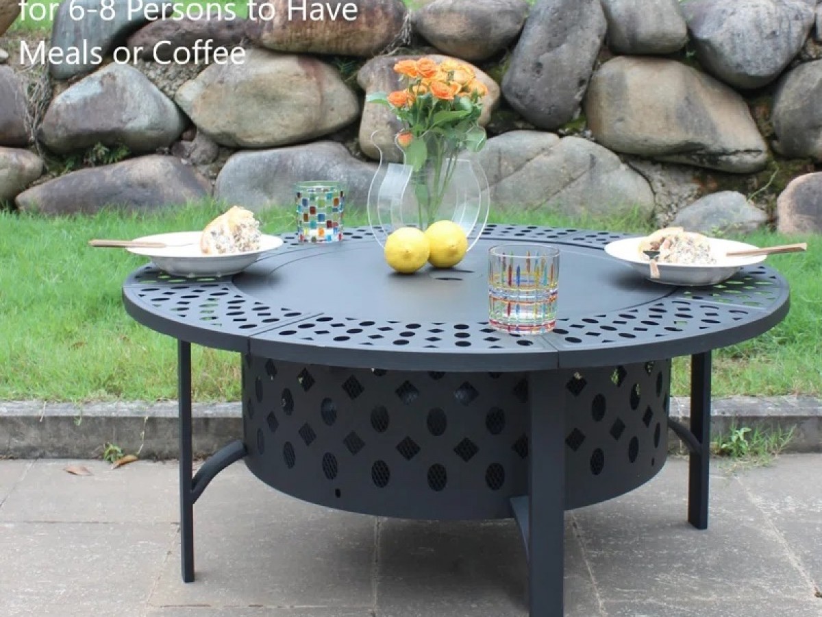 Fogon Redondo con Tapa para fogata, Mesa y Asador para Leña al Aire Libre