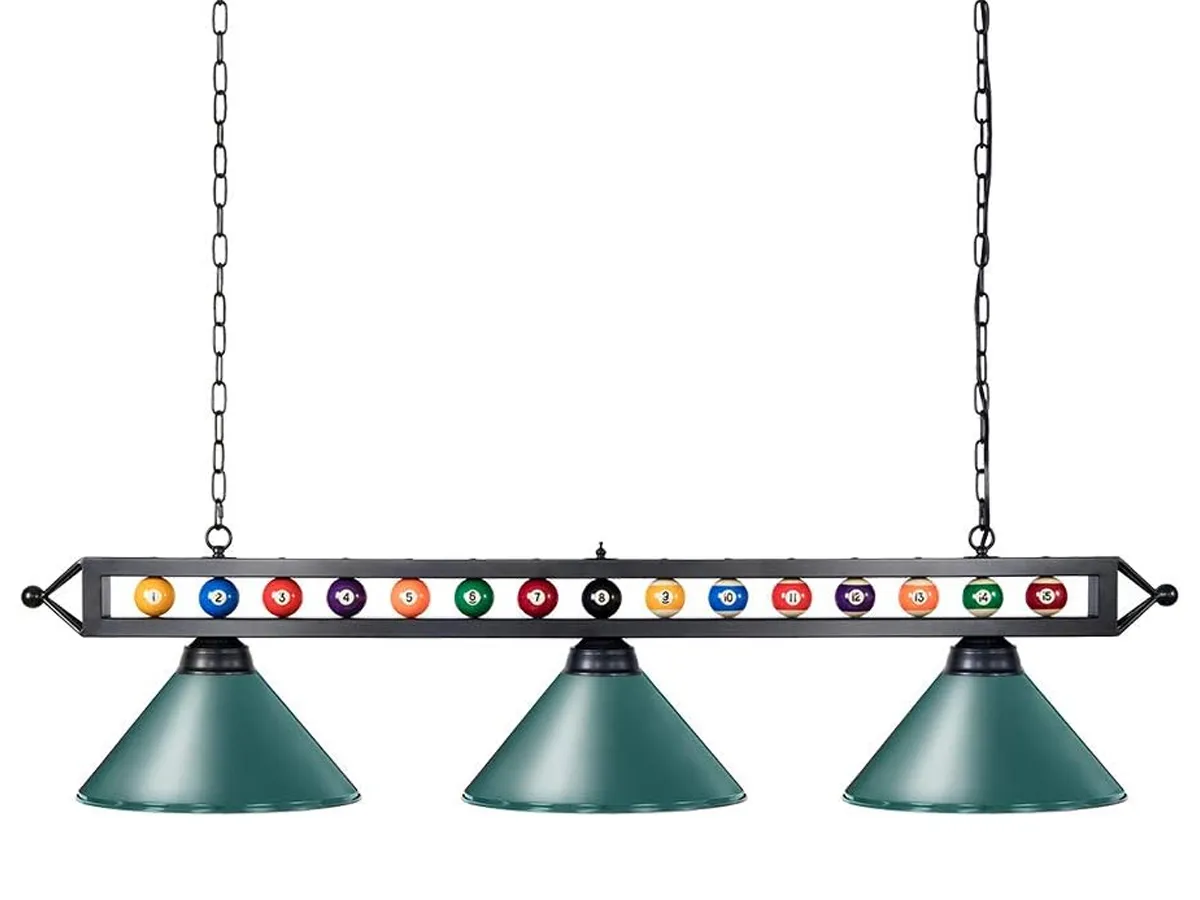 Lampara colgante de 149 cm decorada con ruedo de pool para mesa de billar con 3 sombras color verde