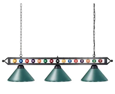 Lampara colgante de 149 cm decorada con ruedo de pool para mesa de billar con 3 sombras color verde Lampara colgante de 149 cm decorada con ruedo de pool para mesa de billar con 3 sombras color verde