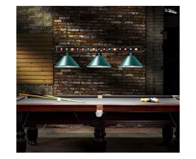 Lampara colgante de 149 cm decorada con ruedo de pool para mesa de billar con 3 sombras color verde Lampara colgante de 149 cm decorada con ruedo de pool para mesa de billar con 3 sombras color verde