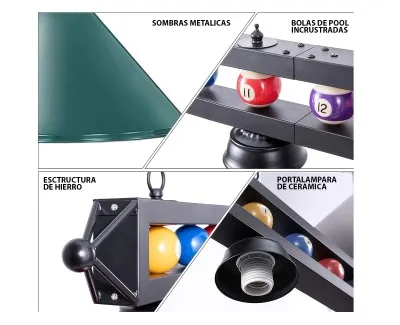 Lampara colgante de 149 cm decorada con ruedo de pool para mesa de billar con 3 sombras color verde Lampara colgante de 149 cm decorada con ruedo de pool para mesa de billar con 3 sombras color verde