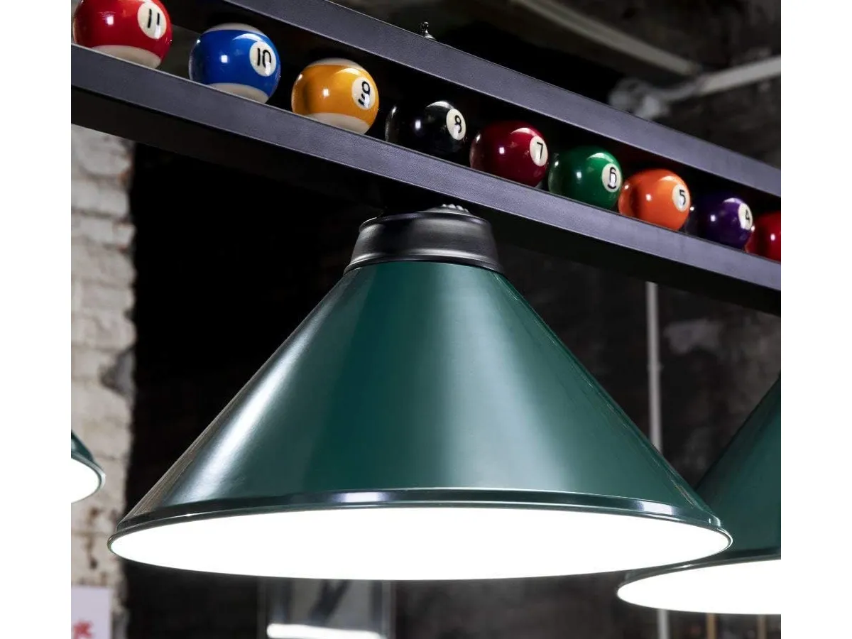 Lampara colgante de 149 cm decorada con ruedo de pool para mesa de billar con 3 sombras color verde