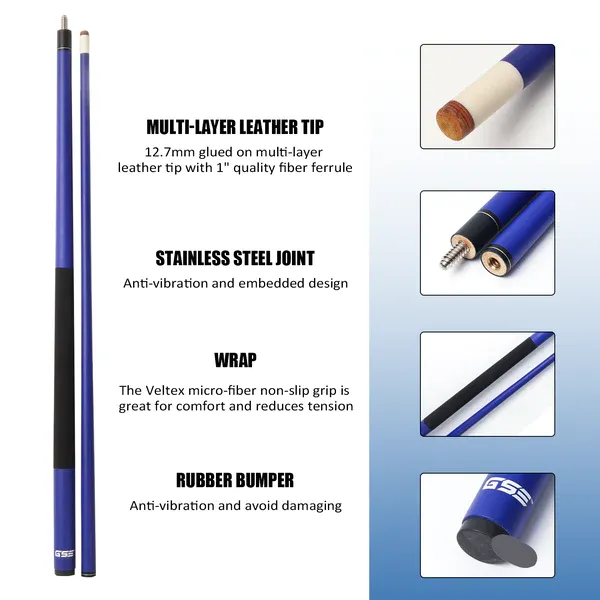 Taco de Billar Portátil Desmontable compuesto de Grafito de Fibra de Vidrio de 58" en 2 Piezas para uso Comercial, Bar y Casa - Azul (18-21oz) Taco de Billar Portátil Desmontable compuesto de Grafito de Fibra de Vidrio de 58" en 2 Piezas para uso Comercial, Bar y Casa - Azul (18-21oz)