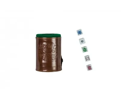 Set Dados 6 Unidades Negro Dorado Juego De Cubilete De Dados De Cuero PU Con 6 Dados Y Base - Perfecto Para Fiestas Y Juegos De Mesa
